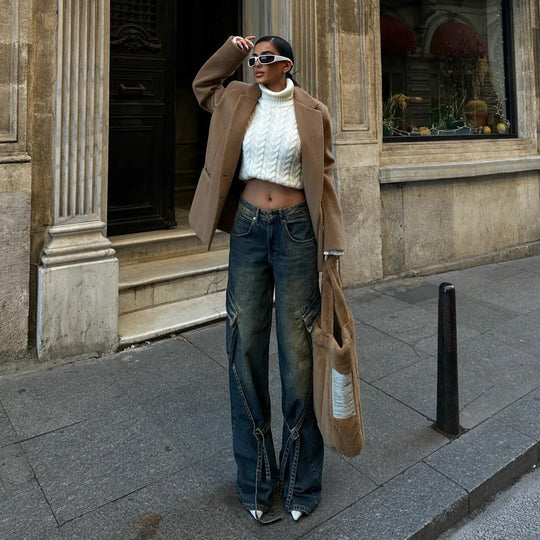 Damen lässige High-Waist Cargo-Jeans mit einzigartigen Schnittelementen Fudus