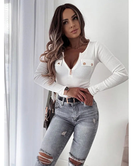 Damen Langärmliges Oberteil mit Zipper und Brusttaschen Fudus