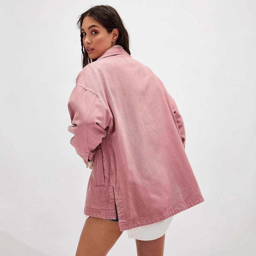 Damen Lässige Oversized-Jeansjacke mit Großen Taschen