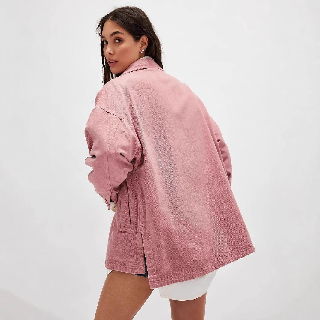 Damen Lässige Oversized-Jeansjacke mit Großen Taschen