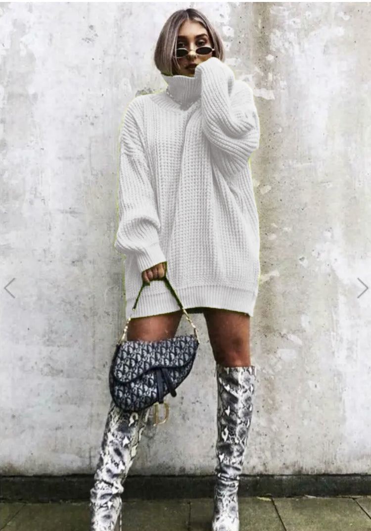 Damen Grobstrickpullover mit hohem Kragen und lockerem Schnitt Fudus