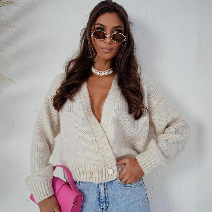 Damen kuschelige Strickjacke mit lockerer Passform und tiefem V-Ausschnitt Fudus