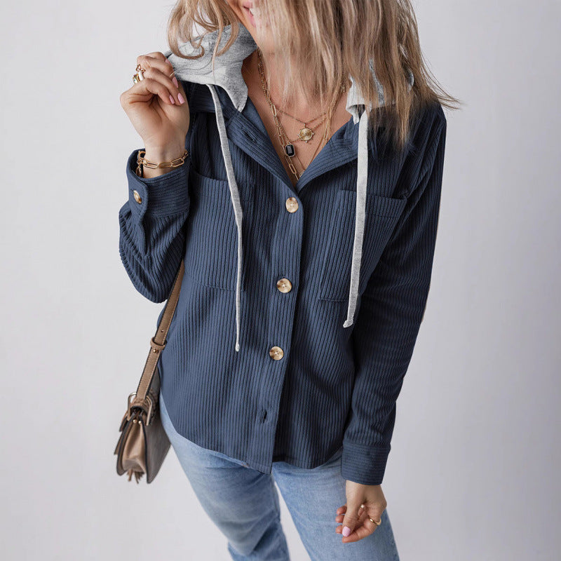 Damen lässige Hemdjacket mit Kapuze und seitlichen Taschen Fudus