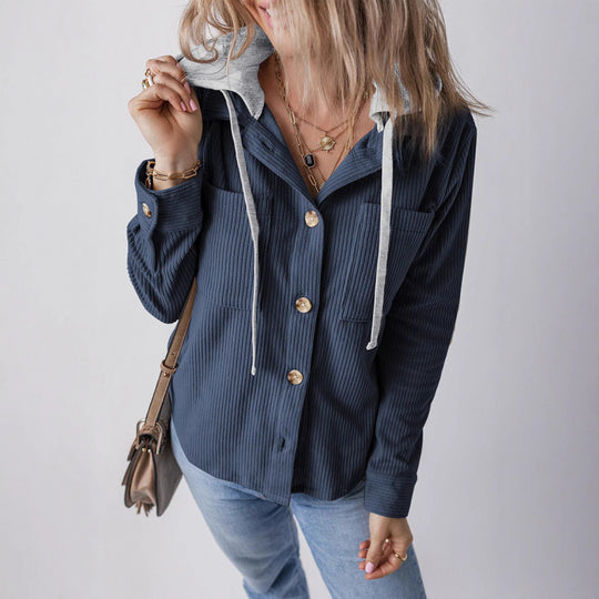 Damen lässige Hemdjacket mit Kapuze und seitlichen Taschen Fudus