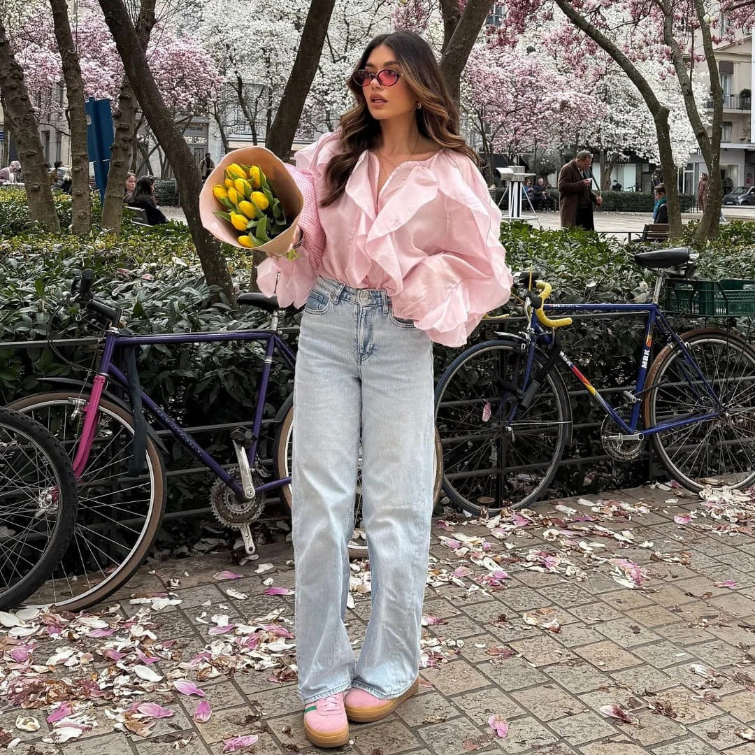 Damen lässige Bluse mit extravaganten Rüschendetails Fudus