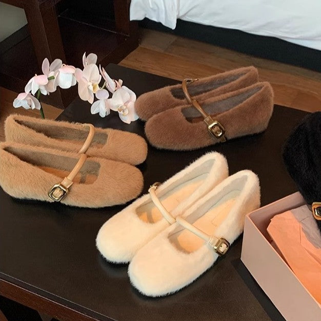 Damen Fellimitat Ballerinas Weich Mit Schnallendetail