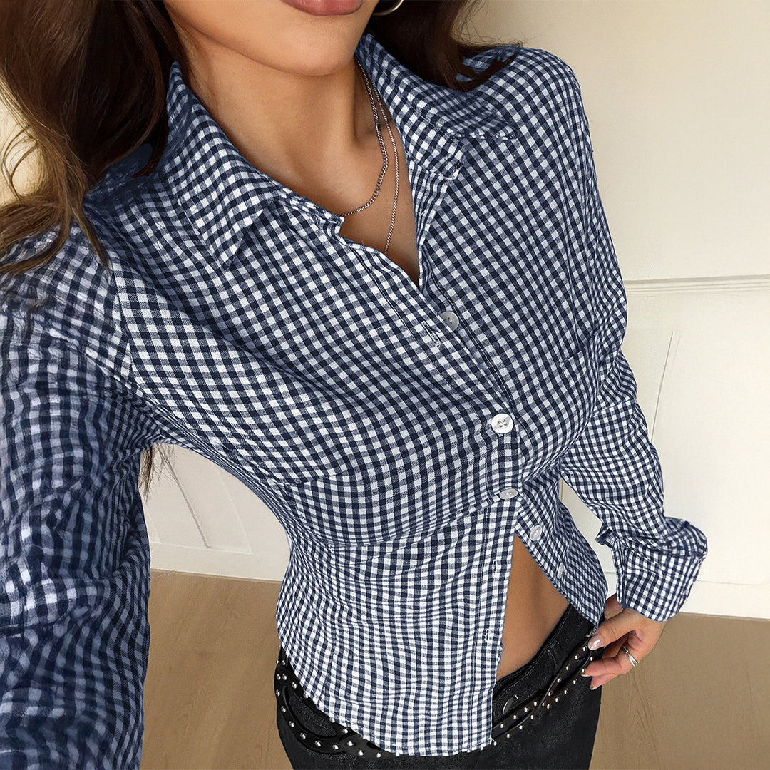 Damen Karierte Bluse mit tailliertem Schnitt und Knopfdetails Fudus