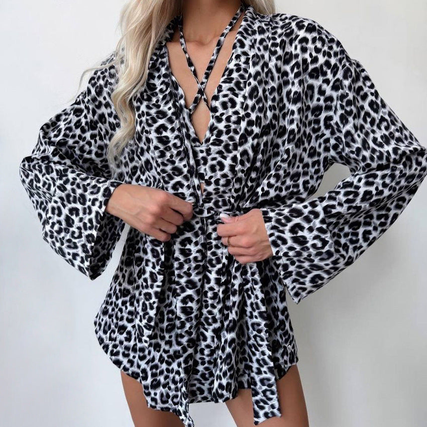 Damen Kimono-Morgenmantel mit Leopardenmuster und lockerer Passform