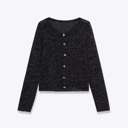 Damen kurzärmliger Strickcardigan mit dekorativen Knöpfen Fudus