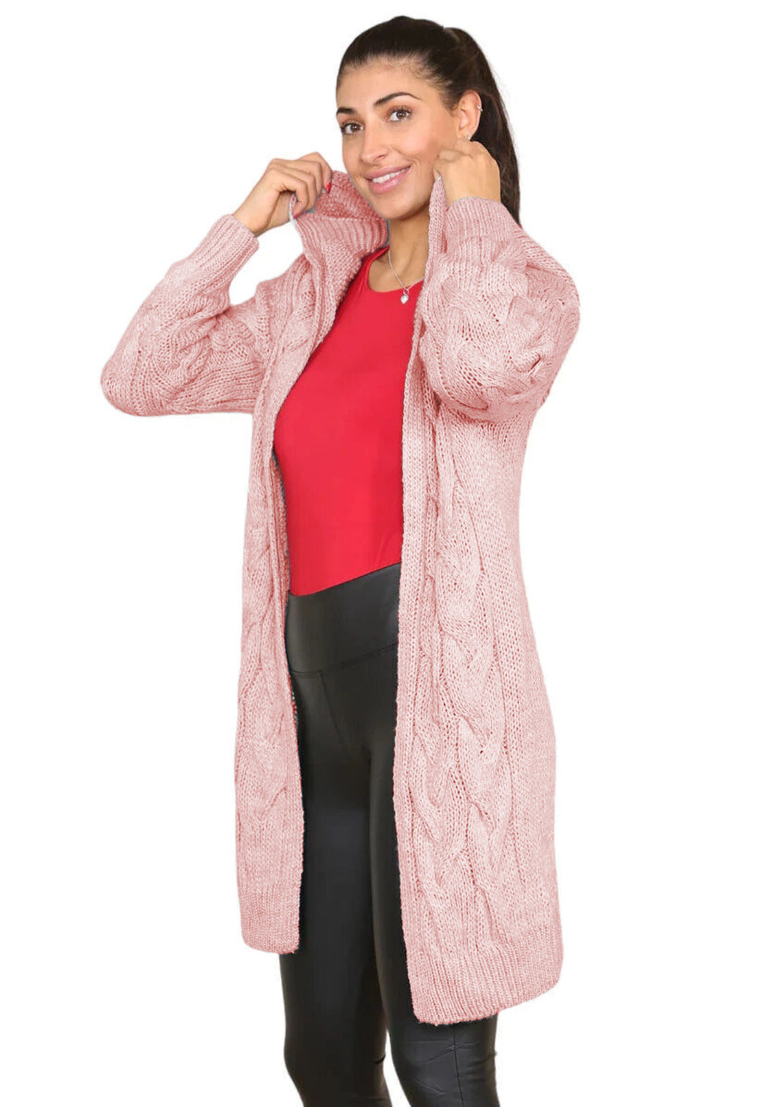 Damen kuscheliger Strickmantel mit Kapuze und großen Zopfmustern Fudus