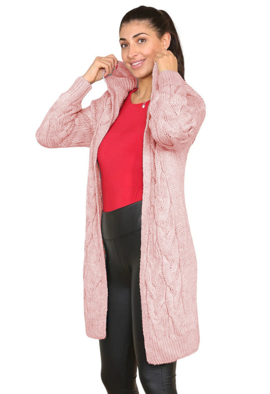 Damen kuscheliger Strickmantel mit Kapuze und großen Zopfmustern Fudus