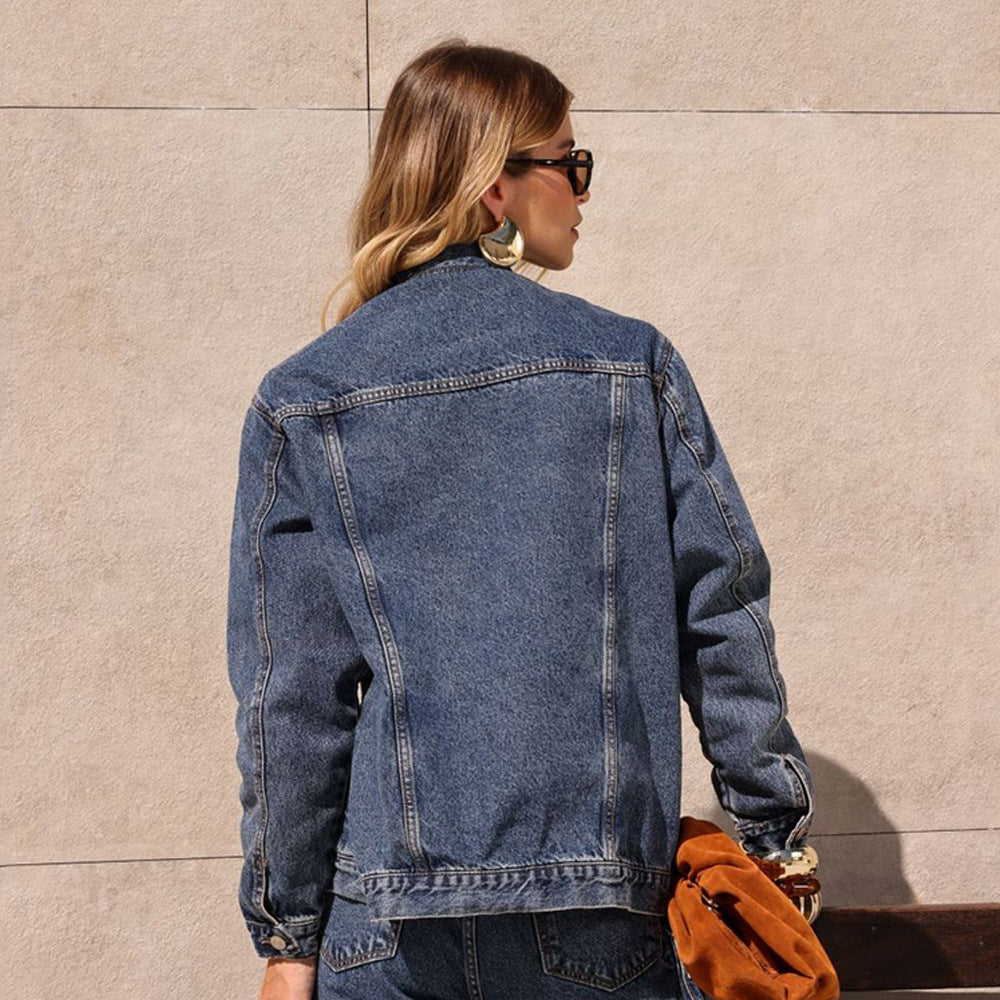 Damen Jeansjacke im Vintage-Stil mit zwei Brusttaschen und knöpfbarem Kragen Fudus