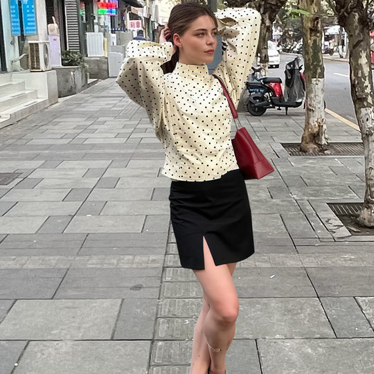 Damen lässige Blousonjacke mit Punkten und weiten Ärmeln Fudus