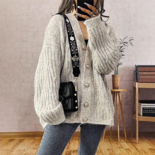 Damen Grobstrickjacke mit modischen Knöpfen und lässigem Schnitt Fudus