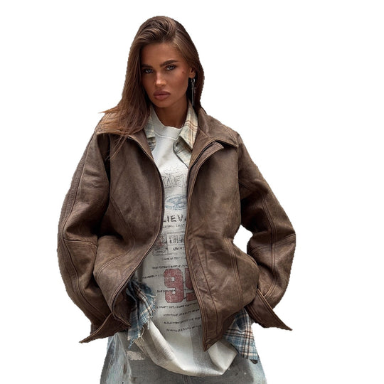 Damen lässige Lederjacke mit oversized Schnitt und praktischen Taschen Fudus