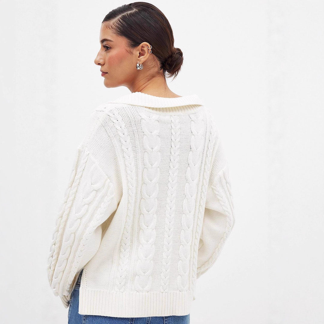 Damen Grobstrickpullover mit romantischem Kragen und praktischen Schnürdetails Fudus