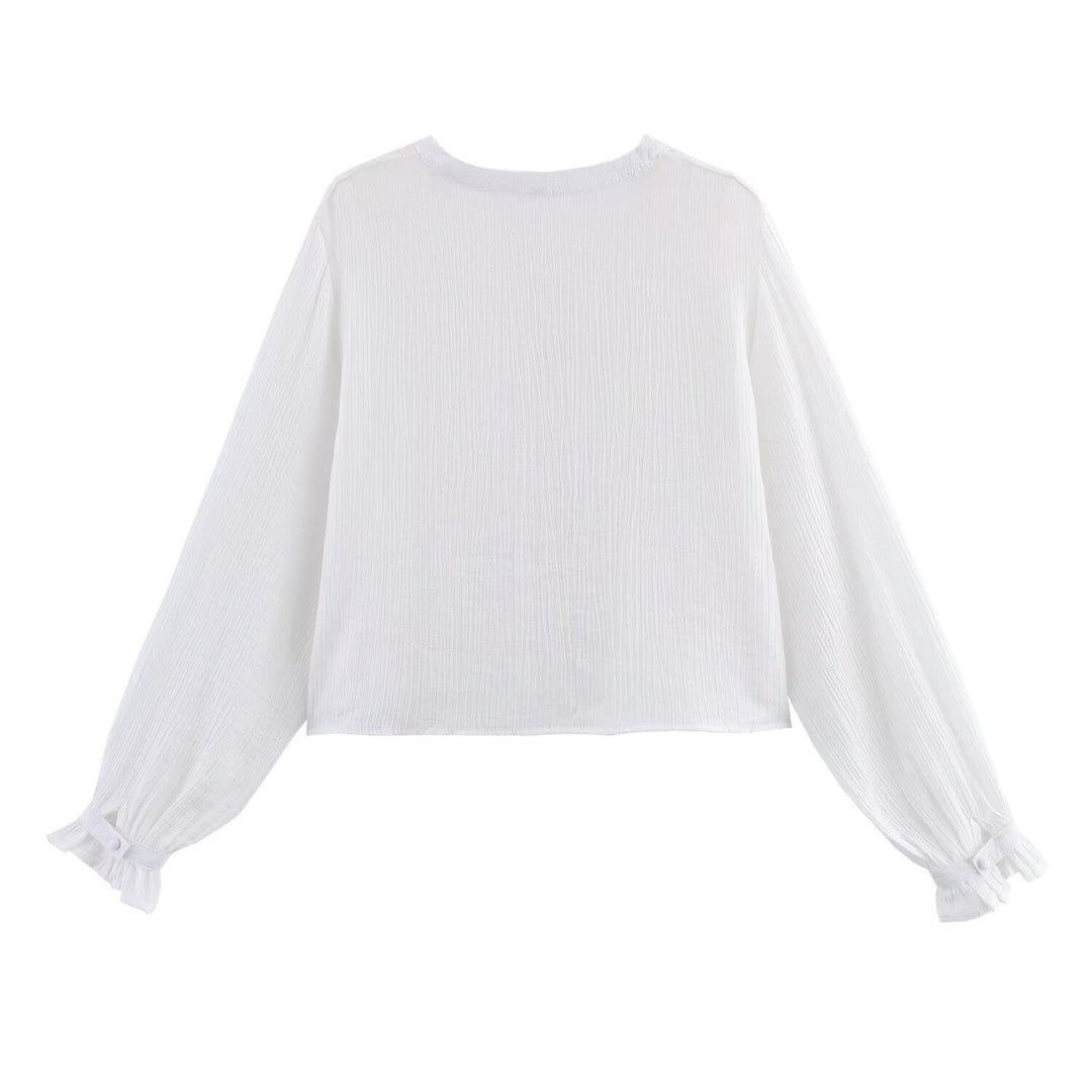 Damen lässige Bluse mit gestickten Details und Knopfleiste Fudus