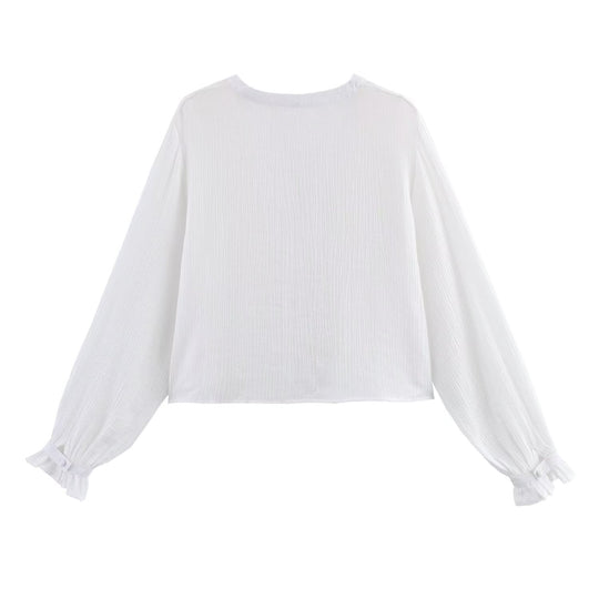 Damen lässige Bluse mit gestickten Details und Knopfleiste Fudus