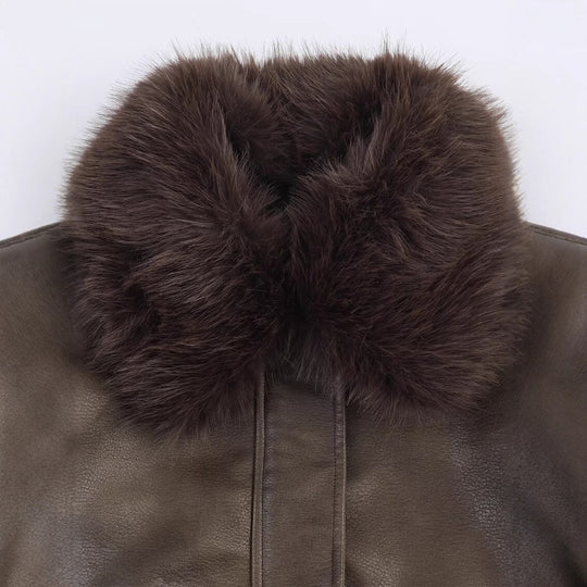 Damen Kunstlederjacke mit abnehmbarem Kunstfellkragen und praktischen Taschen Fudus
