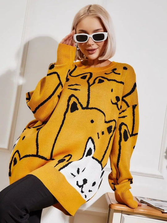 Damen Grobstrickpullover mit verspieltem Katzenmuster Fudus