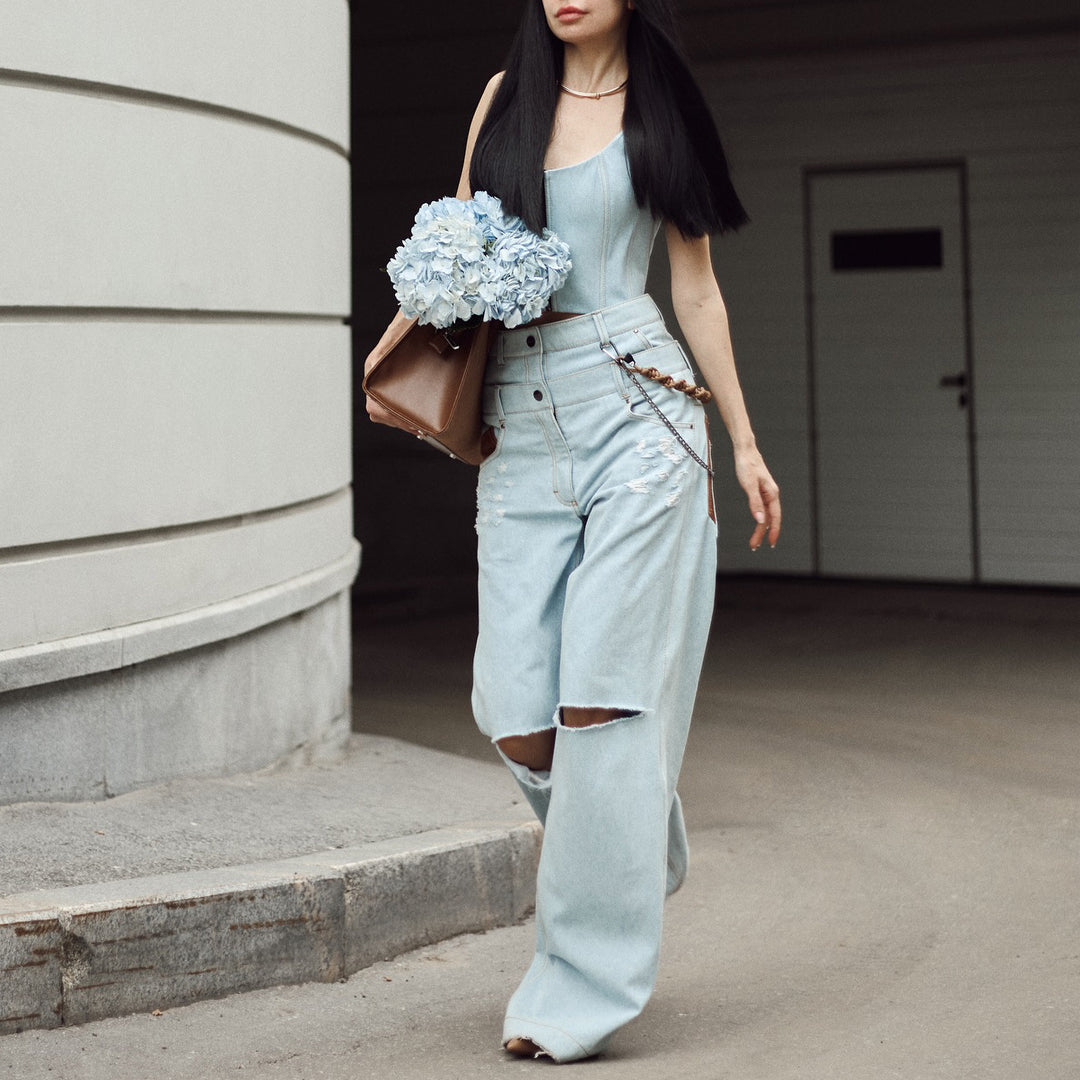 Damen lässige High-Waist Jeans mit einzigartigen Riss-Details und lockerer Passform Fudus