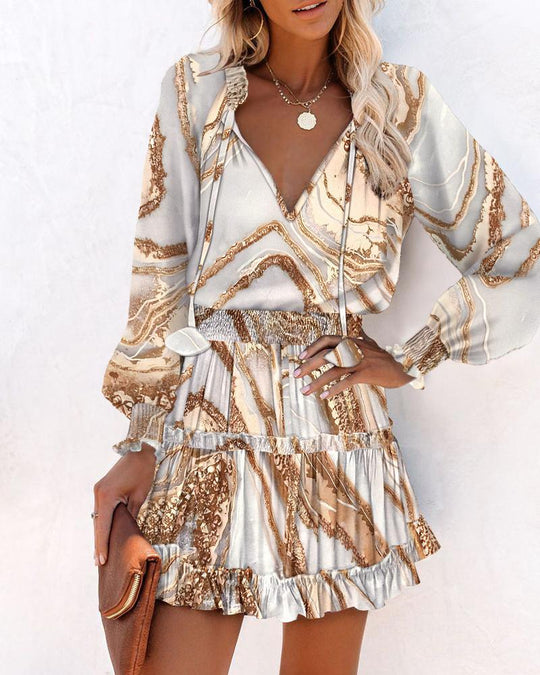 Damen Kleid mit V-Ausschnitt und voluminösen Ärmeln Fudus