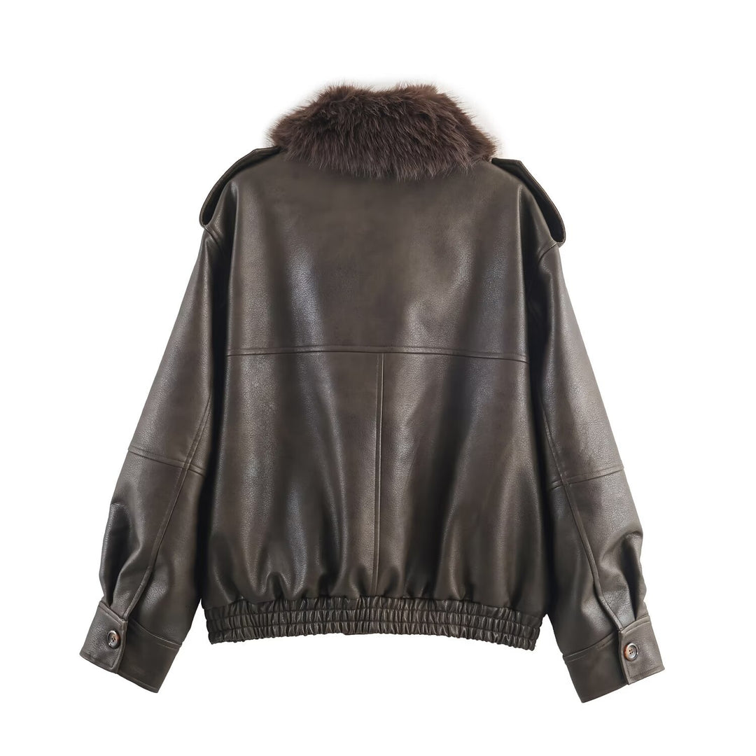 Damen Kunstlederjacke mit abnehmbarer Kunstfellkragen und praktischen Taschen Fudus