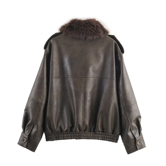 Damen Kunstlederjacke mit abnehmbarer Kunstfellkragen und praktischen Taschen Fudus