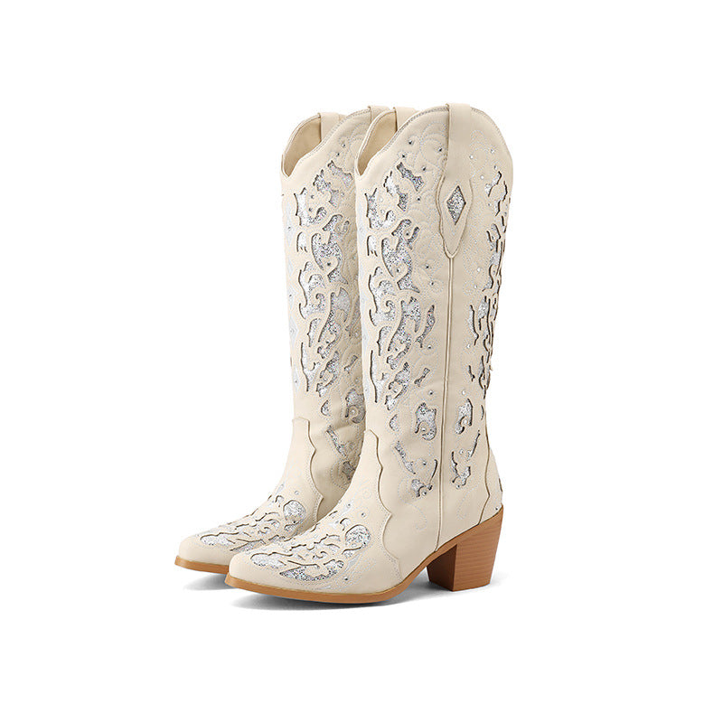 Stiefel Damen Knielang Western Stiletto Verziert