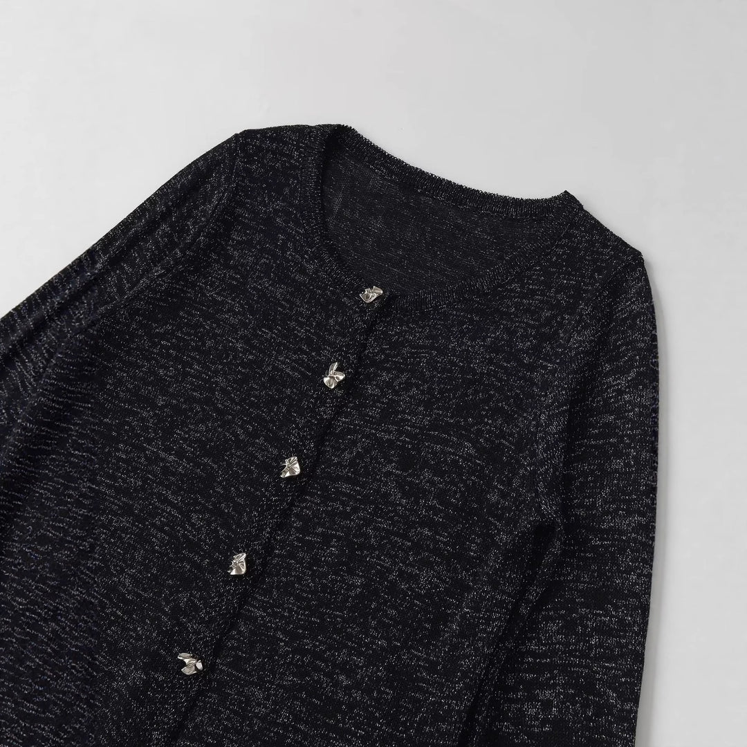 Damen kurzärmliger Strickcardigan mit dekorativen Knöpfen Fudus