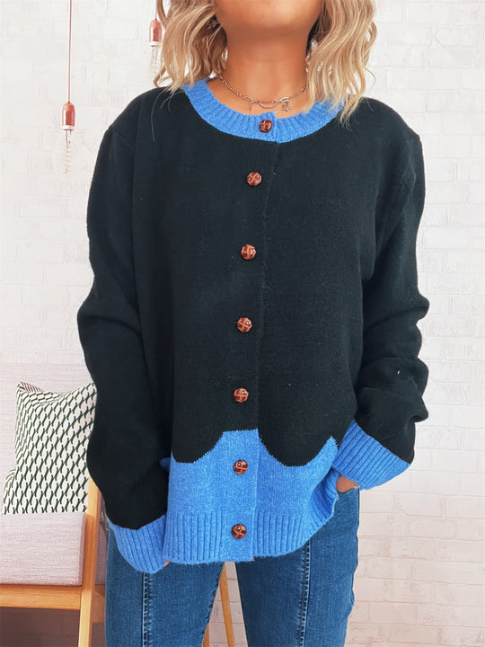 Damen lässige Strickjacke mit buntem Kontrast und eleganten Knopfdetails Fudus