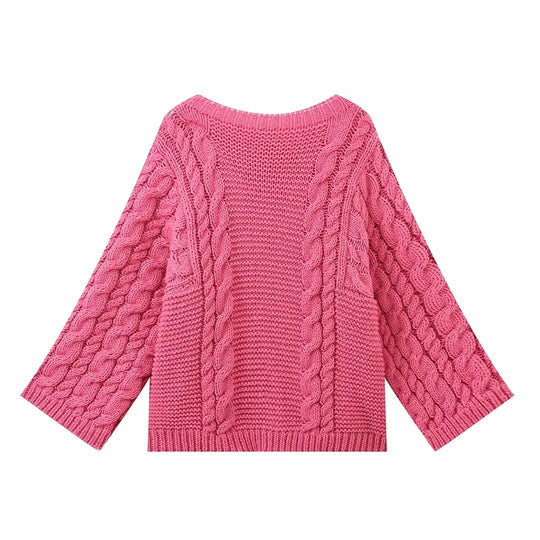 Damen kuscheliger Strickpullover mit Zopfmuster und weitem Schnitt Fudus