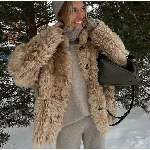 Damen kuschelige Plüschjacke mit elegantem Stehkragen und praktischen Knopfverschlüssen Fudus