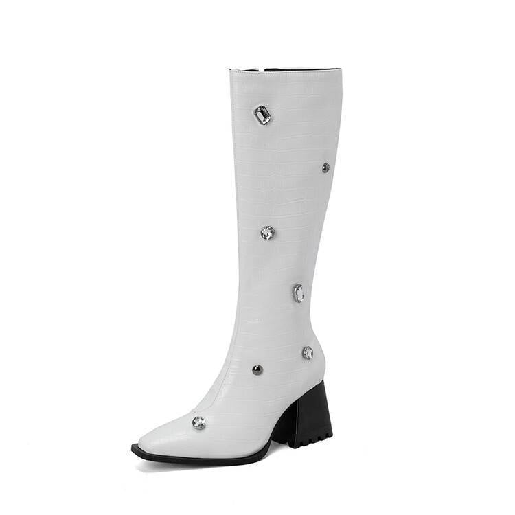 Damen Overknee Stiefel mit Schlangenlederoptik und blockfachem Absatz Fudus