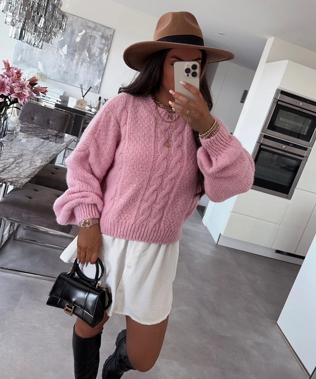 Damen Grobstrickpullover mit voluminösen Ärmeln und romantischem Zopfdesign Fudus