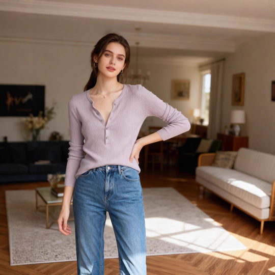 Damen Langarmshirt mit Knopfleiste und Rippstruktur Fudus