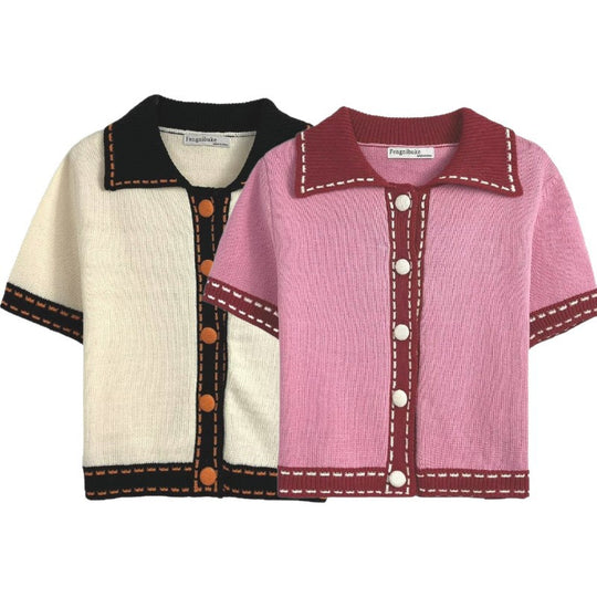 Damen Kurzarmpullover mit kontrastierenden Details Fudus