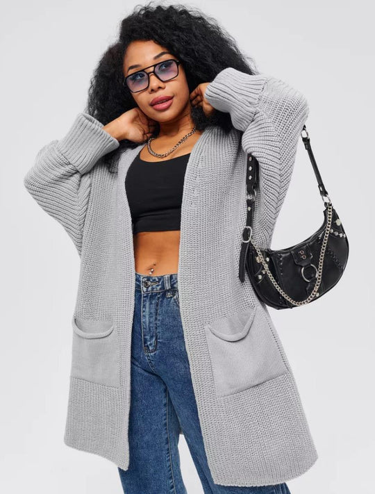 Damen lässige Strickjacke mit aufgesetzten Taschen und offenem Design Fudus
