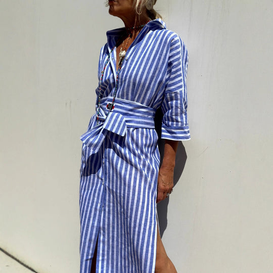 Damen Langarm-Hemdblusenkleid mit seitlichem Schlitz und Kordelzug Fudus