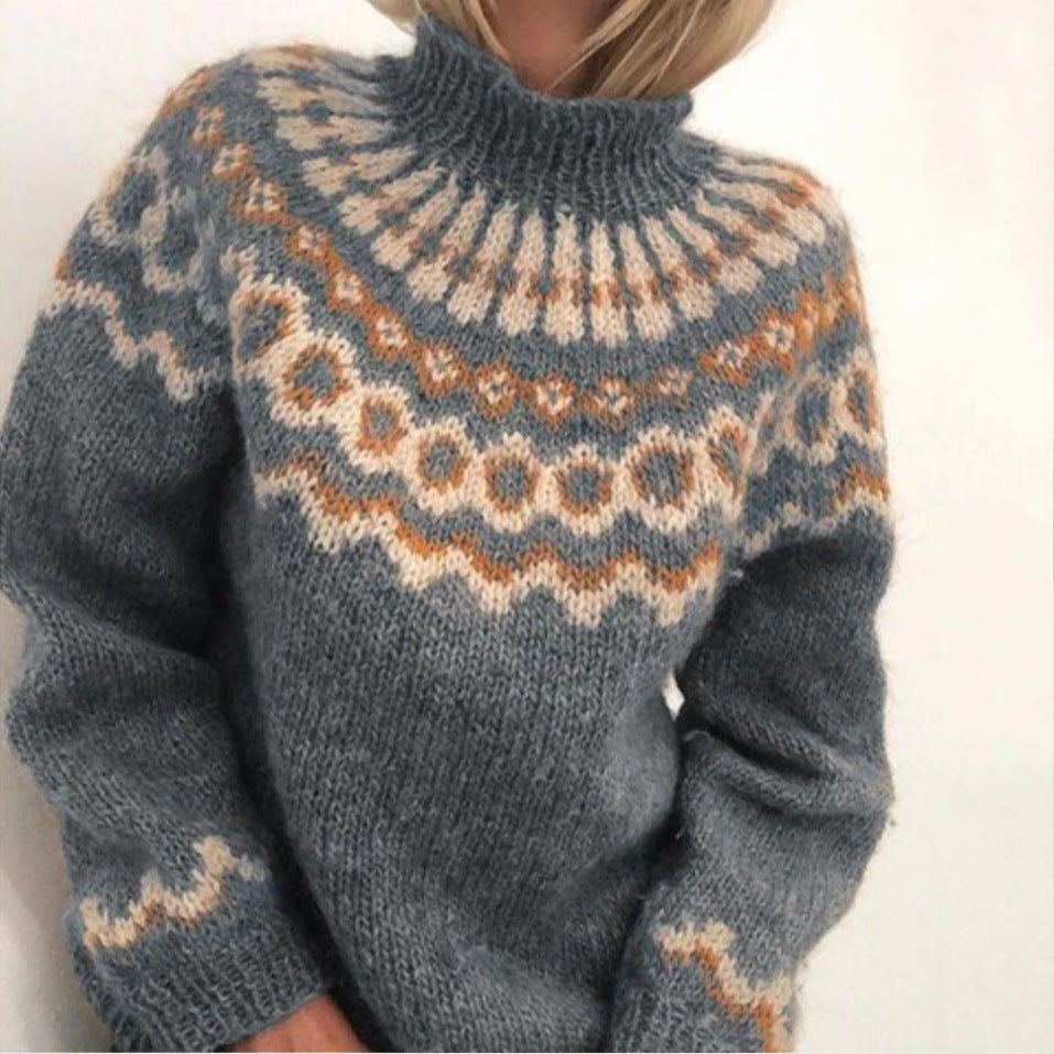 Damen Kuscheliger Strickpullover mit außergewöhnlichem Norweger-Muster Fudus