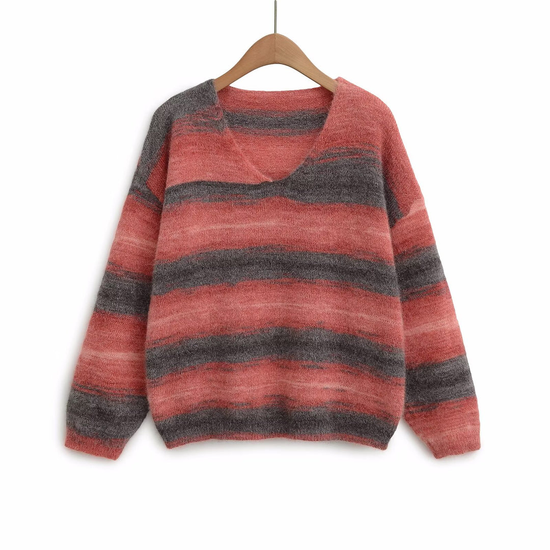 Damen kuscheliger Strickpullover mit V-Ausschnitt und gestreiftem Design Fudus