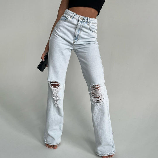 Damen lässige High-Waist Jeans mit ausgefransten Details Fudus