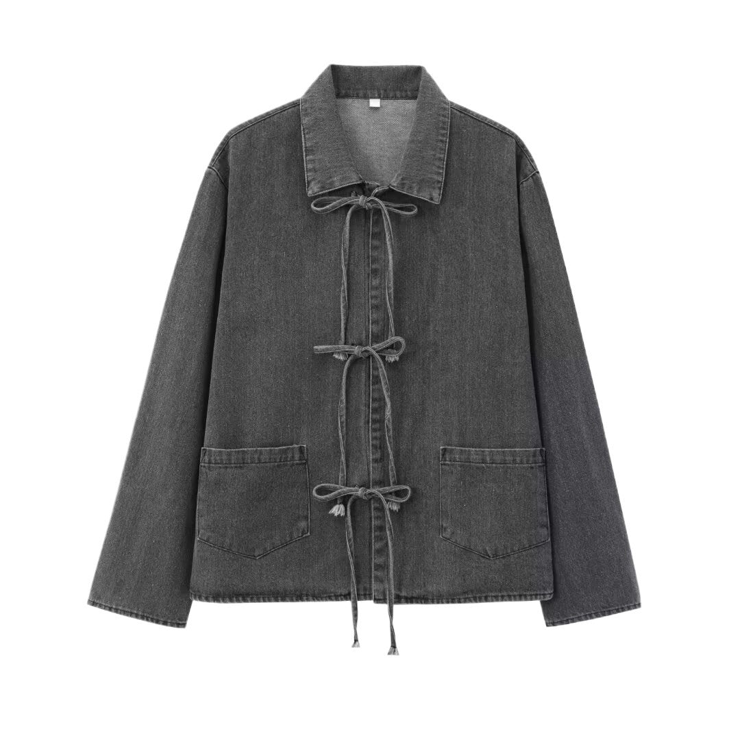 Damen lässige Jeansjacke mit kontrastierenden Kordelzügen und Taschen Fudus