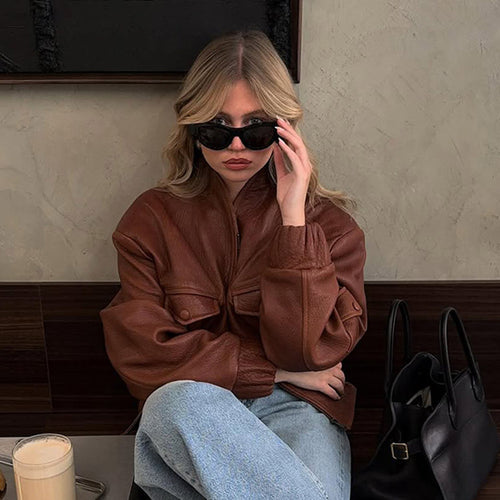 Damen lässige Lederjacke mit voluminösen Ärmeln Fudus