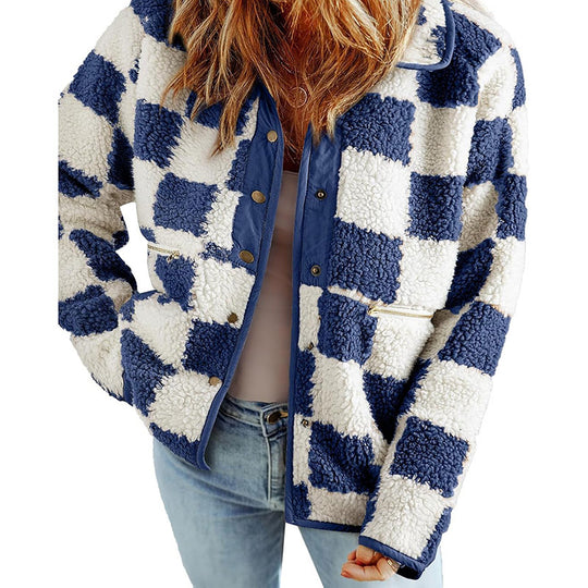 Damen Kuschelige Schafwolljacke mit modernen Karomustern Fudus