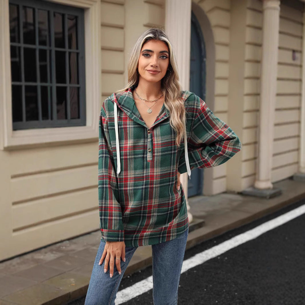 Damen karierte Kapuzenbluse mit praktischen Knopfdetails und lässigem Schnitt Fudus