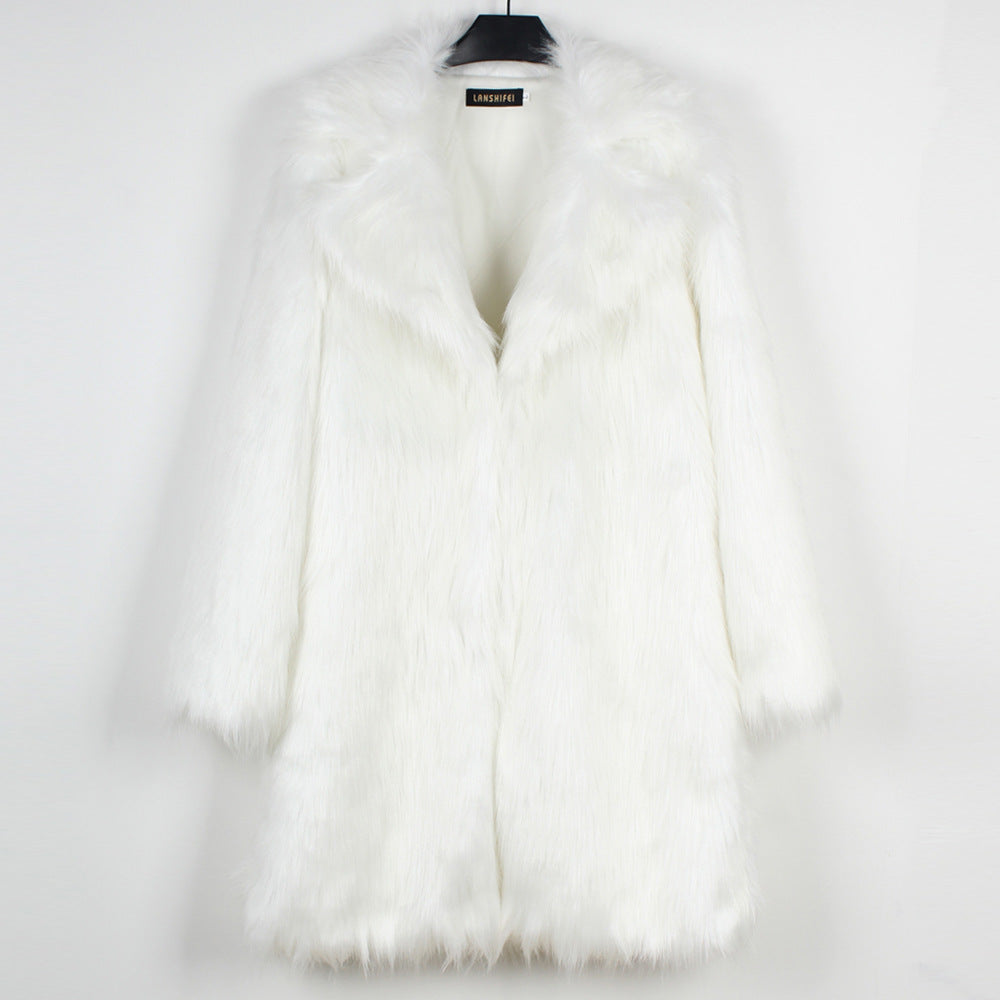 Damen Luxuriöser Kunstpelz-Mantel mit breitem Revers Fudus