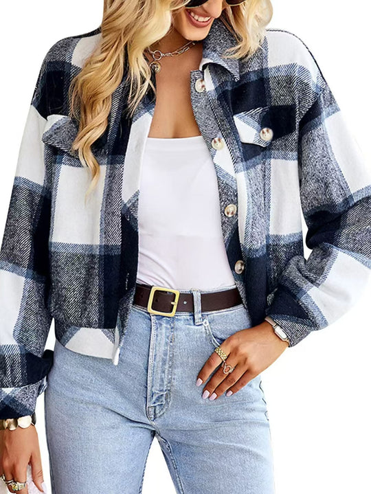 Damen Karierte Fleecejacke mit lässigem Schnitt und praktischen Taschen Fudus