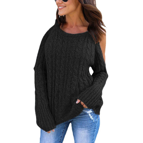 Damen Grobstrick Pullover mit offenem Schulterdesign und tiefen Bündchen Fudus