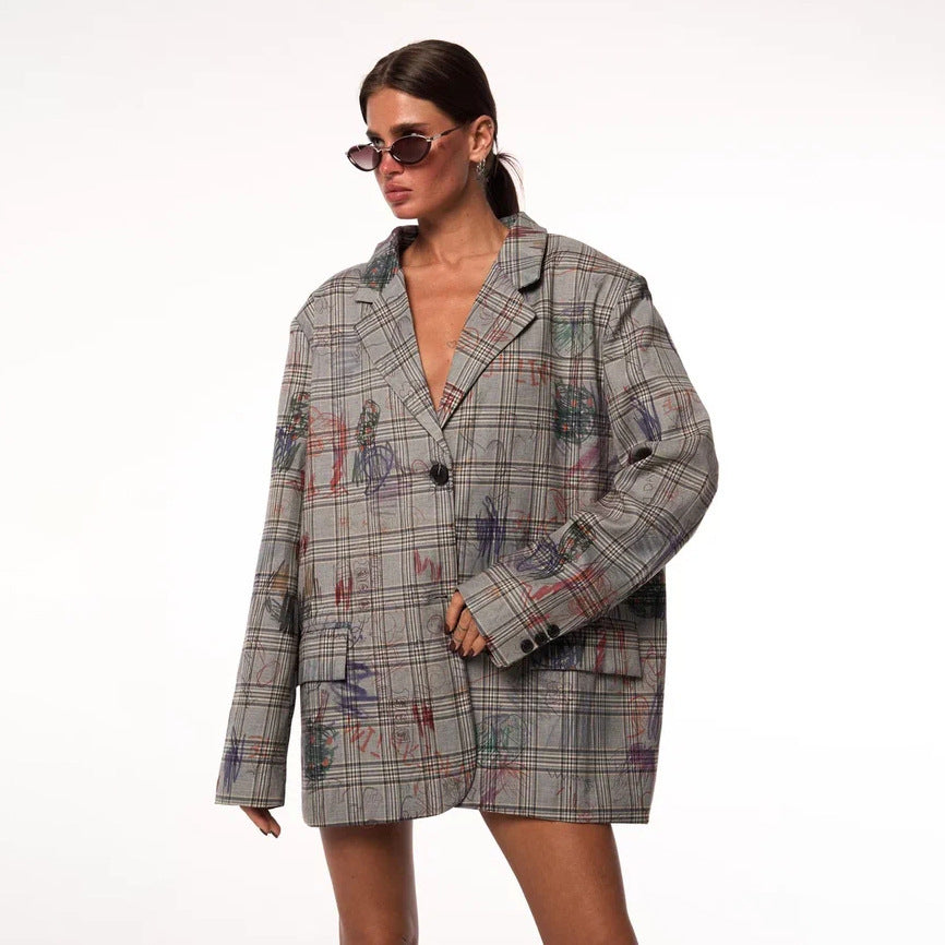 Damen Modischer Karo-Blazer mit Taillengürtel und lässigem Schnitt Fudus